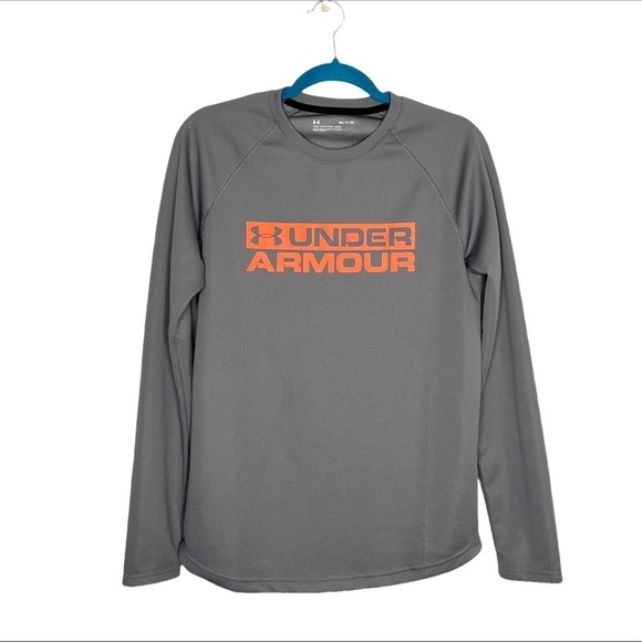 Under Armour Loose Fit Gray Long Sleeve Orange Logo Shirt - Picture 1 of 12